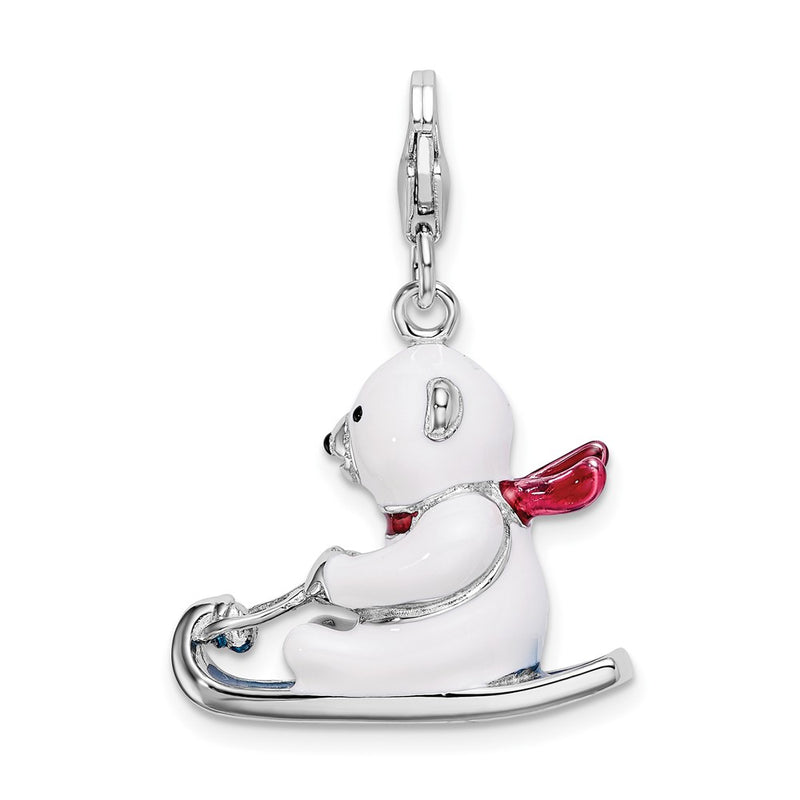 Sterling Silver Amore La Vita Rhodium-Plated Polished 3-D Enameled Polar Bear On Sled Charm With Fancy Lobster Clasp