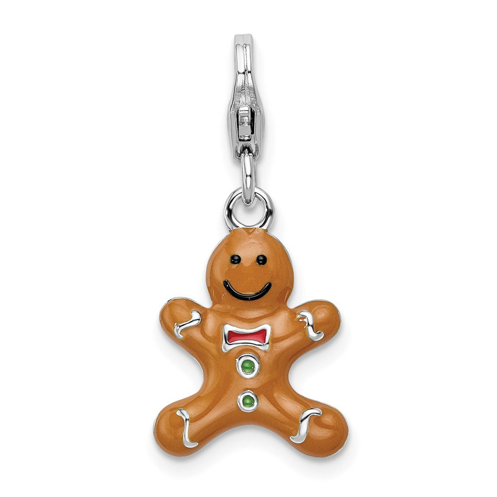 Sterling Silver Amore La Vita Rhodium-Plated Polished 3-D Enameled Gingerbread Cookie Charm With Fancy Lobster Clasp