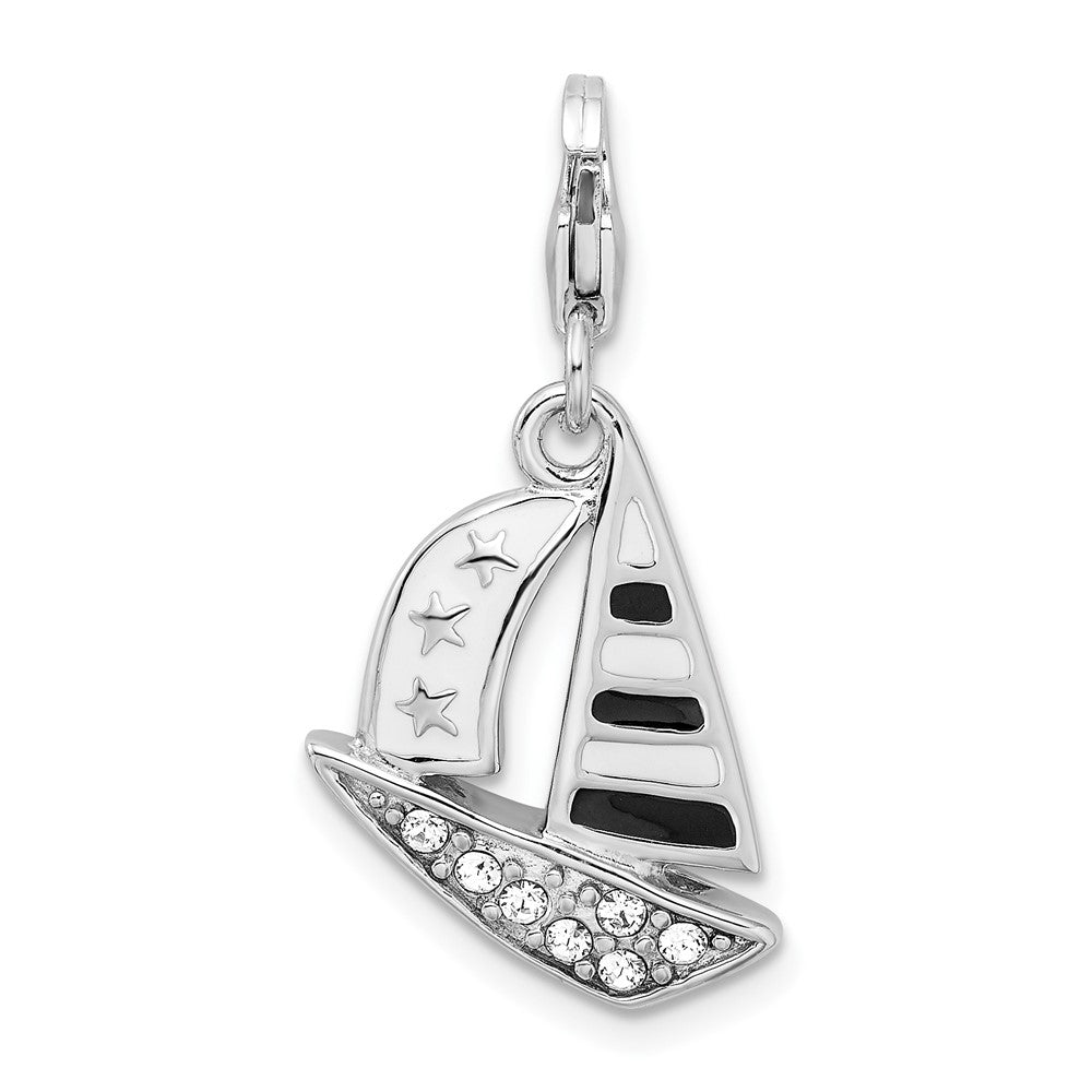 Sterling Silver Amore La Vita Rhodium-Plated Polished 3-D Enameled Swarovski Crystal Sailboat Charm With Fancy Lobster Clasp