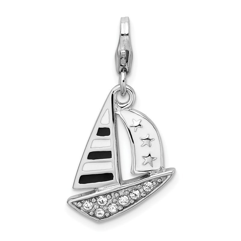 Sterling Silver Amore La Vita Rhodium-Plated Polished 3-D Enameled Swarovski Crystal Sailboat Charm With Fancy Lobster Clasp