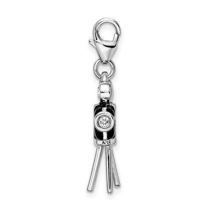 Sterling Silver Amore La Vita Rhodium-Plated Polished 3-D Enameled Swarovski Crystal Movie Camera Charm With Fancy Lobster Clasp