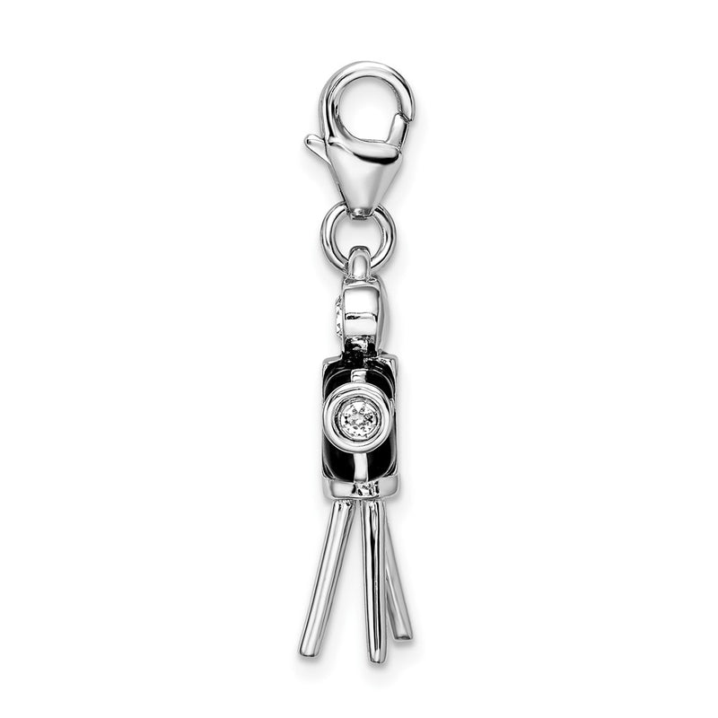 Sterling Silver Amore La Vita Rhodium-Plated Polished 3-D Enameled Swarovski Crystal Movie Camera Charm With Fancy Lobster Clasp