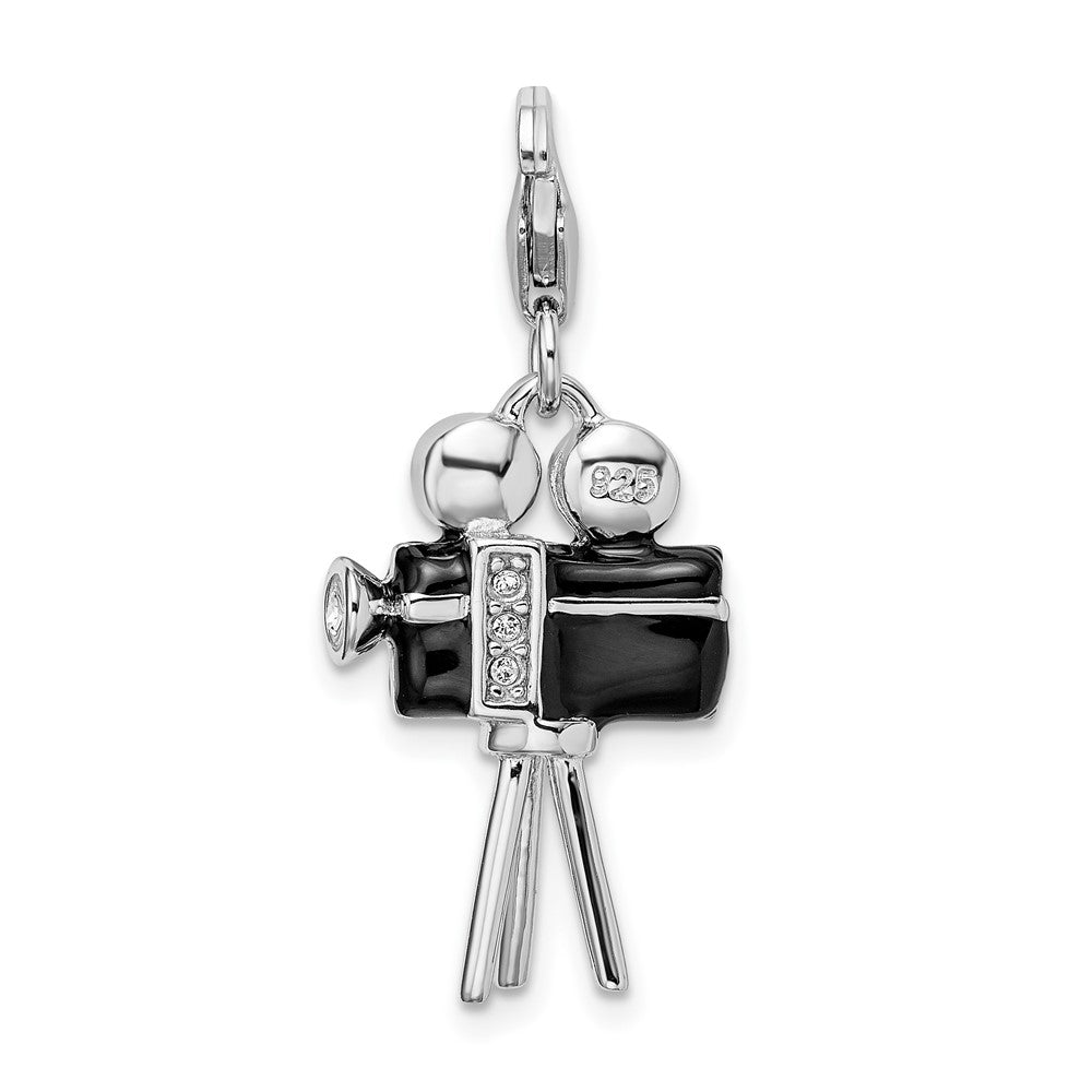 Sterling Silver Amore La Vita Rhodium-Plated Polished 3-D Enameled Swarovski Crystal Movie Camera Charm With Fancy Lobster Clasp