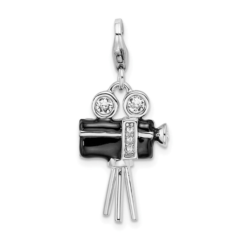 Sterling Silver Amore La Vita Rhodium-Plated Polished 3-D Enameled Swarovski Crystal Movie Camera Charm With Fancy Lobster Clasp