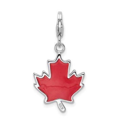 Sterling Silver Amore La Vita Rhodium-Plated Polished 3-D Enameled Maple Leaf Charm With Fancy Lobster Clasp
