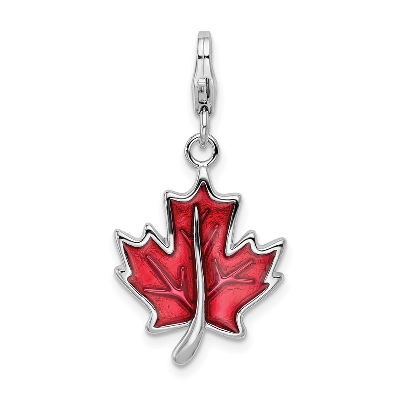 Sterling Silver Amore La Vita Rhodium-Plated Polished 3-D Enameled Maple Leaf Charm With Fancy Lobster Clasp