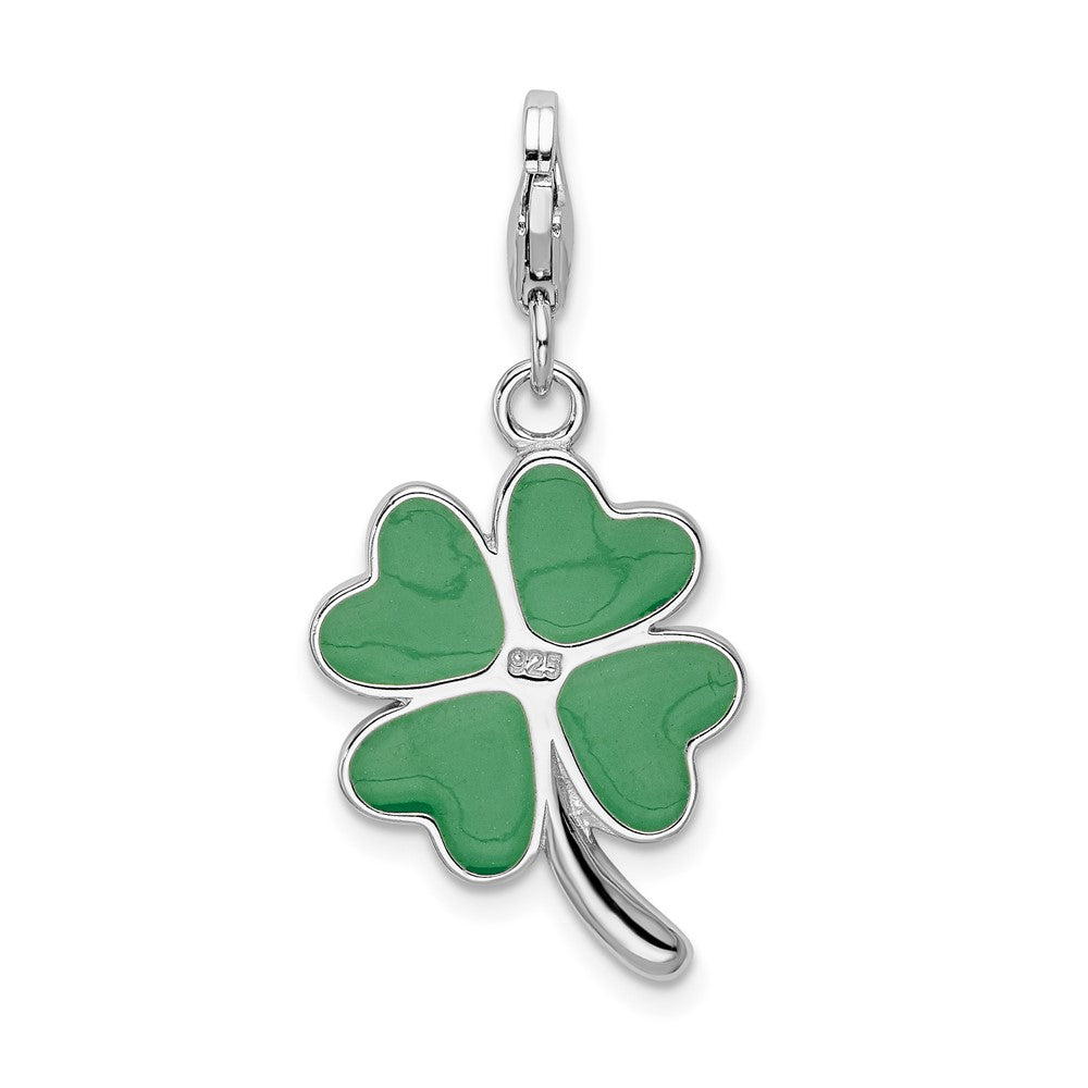 Sterling Silver Amore La Vita Rhodium-Plated Polished 3-D Green Enameled 4 Leaf Clover And Clear Crystal From Swarovski Love Charm With Fancy Lobster Clasp