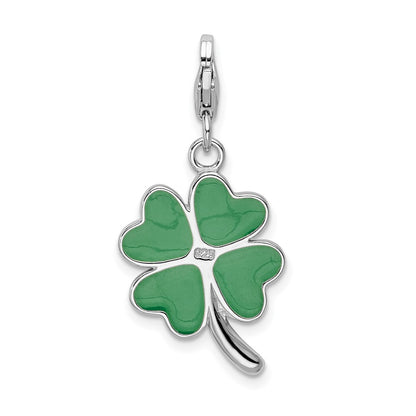 Sterling Silver Amore La Vita Rhodium-Plated Polished 3-D Green Enameled 4 Leaf Clover And Clear Crystal From Swarovski Love Charm With Fancy Lobster Clasp