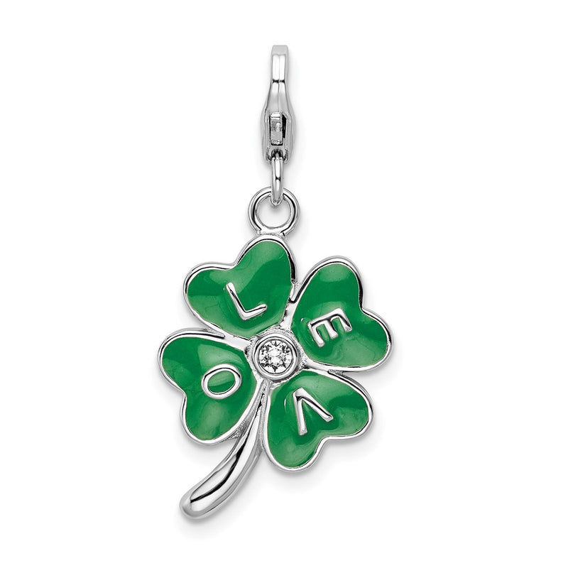 Sterling Silver Amore La Vita Rhodium-Plated Polished 3-D Green Enameled 4 Leaf Clover And Clear Crystal From Swarovski Love Charm With Fancy Lobster Clasp