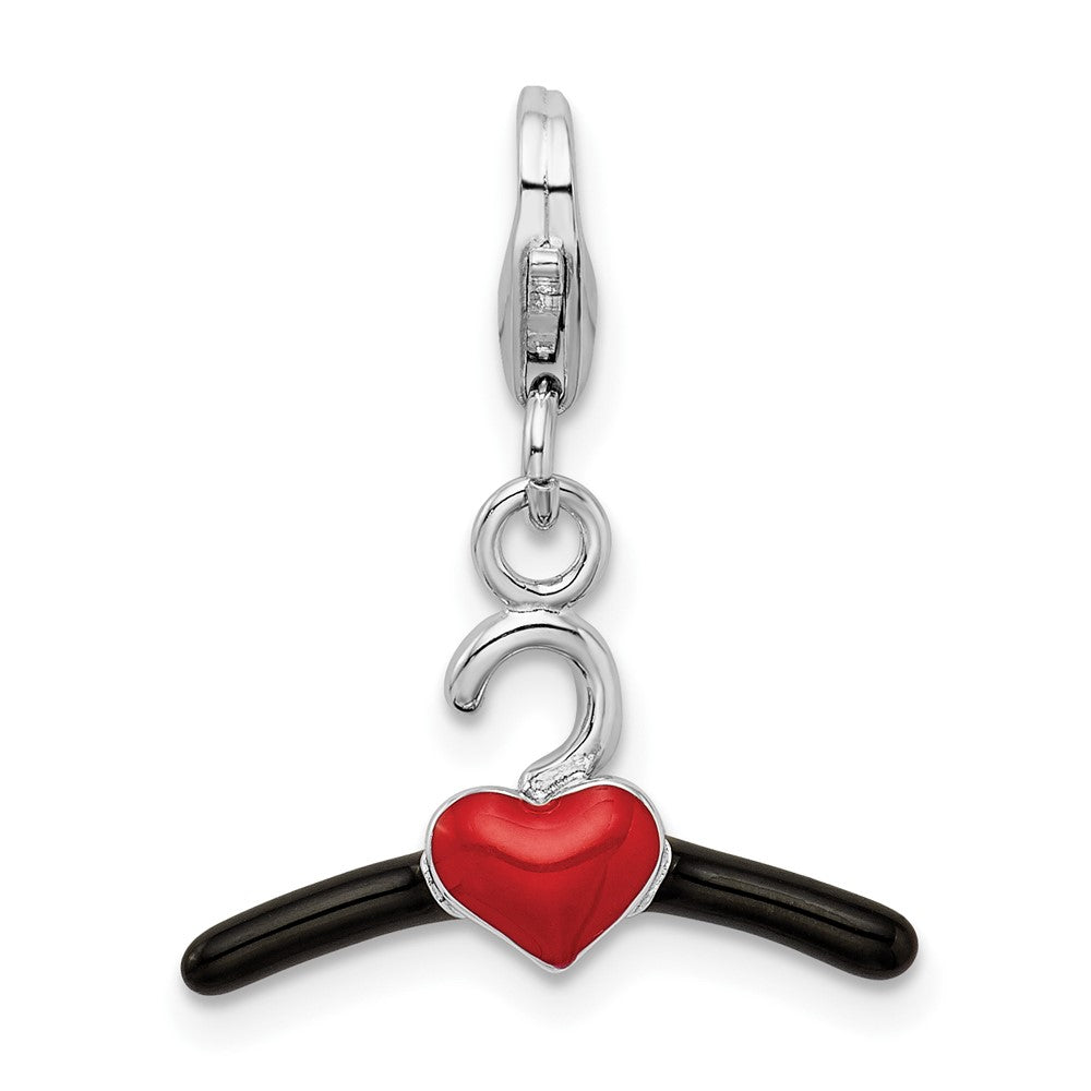 Sterling Silver Amore La Vita Rhodium-Plated Polished 3-D Black And Red Enameled Heart Hanger Charm With Fancy Lobster Clasp