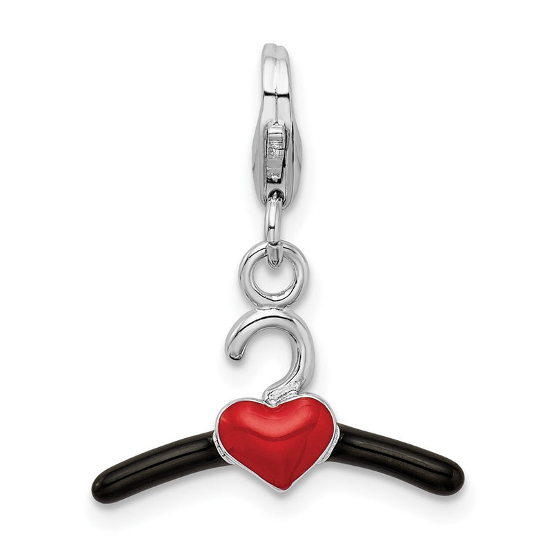 Sterling Silver Amore La Vita Rhodium-Plated Polished 3-D Black And Red Enameled Heart Hanger Charm With Fancy Lobster Clasp