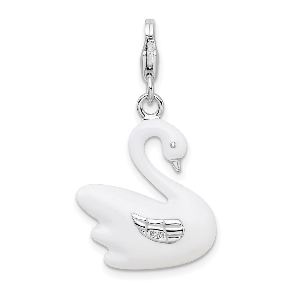 Sterling Silver Amore La Vita Rhodium-Plated Polished 3-D Enameled Swan Charm With Fancy Lobster Clasp