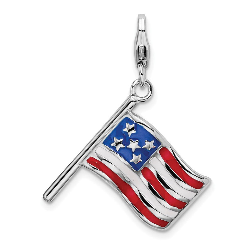 Sterling Silver Amore La Vita Rhodium-Plated Polished Reversible Enameled American Flag Charm With Fancy Lobster Clasp
