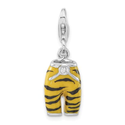 Sterling Silver 3-D Polished Cz Yellow/Black Enamel Tiger Pants Charm W/ Lobster Clasp