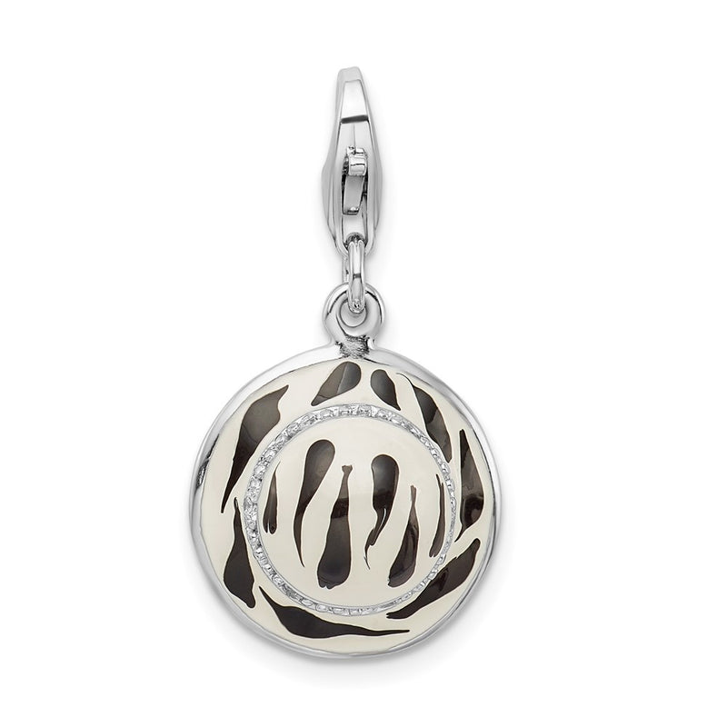 Sterling Silver Amore La Vita Rhodium-Plated Polished 3-D Cz Enameled Zebra Hat Charm With Fancy Lobster Clasp