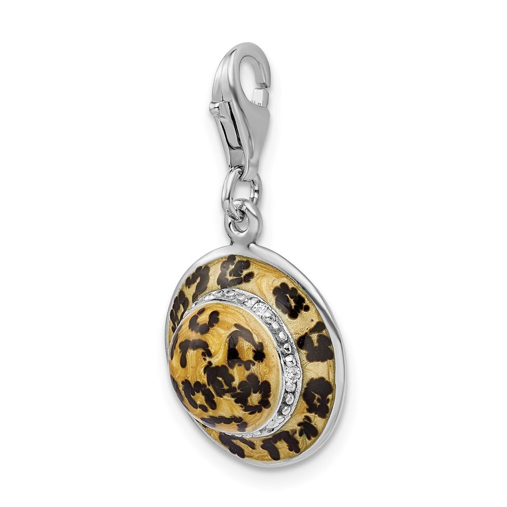 Sterling Silver Amore La Vita Rhodium-Plated Polished 3-D Cz Enameled Leopard Hat Charm With Fancy Lobster Clasp