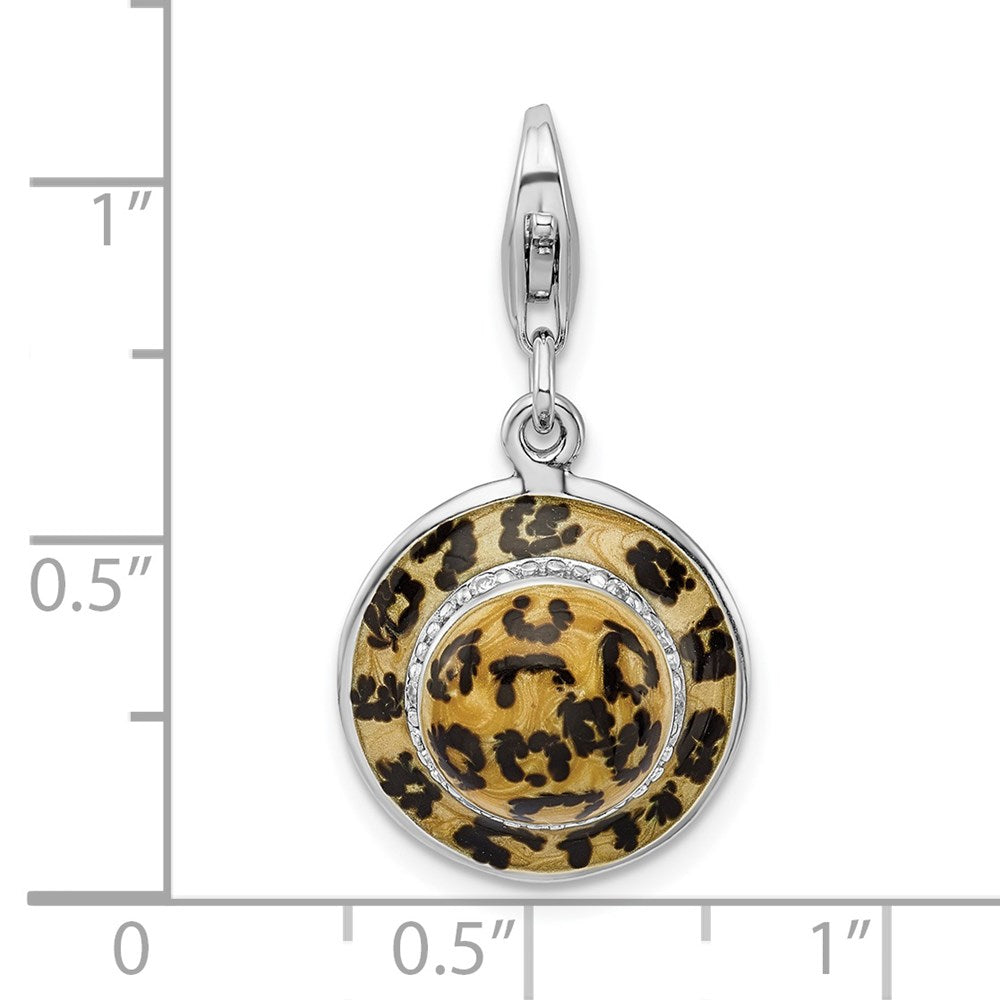 Sterling Silver Amore La Vita Rhodium-Plated Polished 3-D Cz Enameled Leopard Hat Charm With Fancy Lobster Clasp
