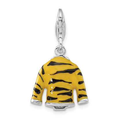 Sterling Silver Polished 3-D Cz & Black/Yellow Enamel Tiger Jacket W/ Lobster Clasp Charm