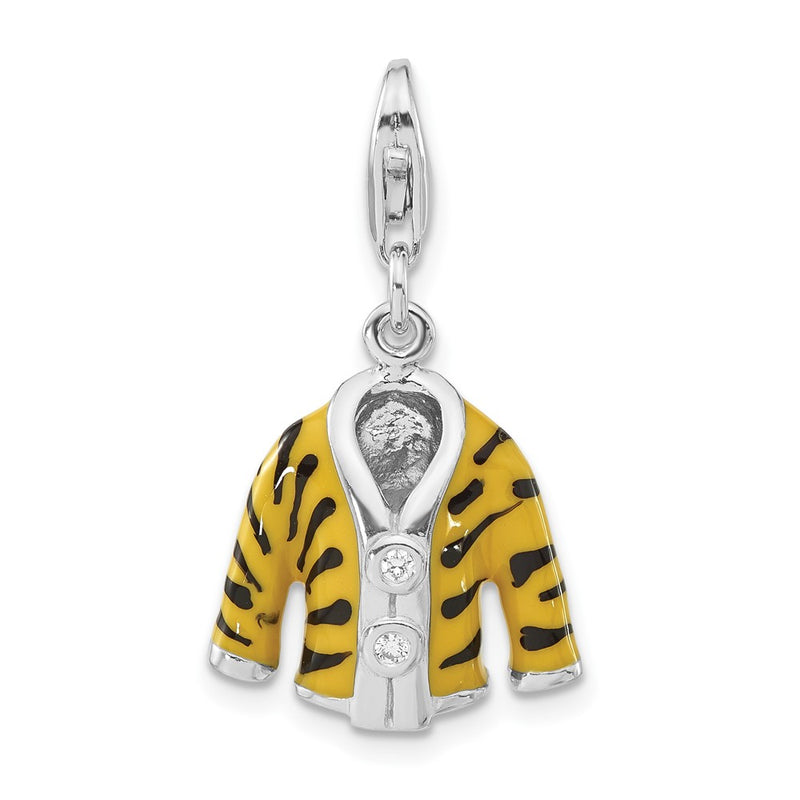 Sterling Silver Polished 3-D Cz & Black/Yellow Enamel Tiger Jacket W/ Lobster Clasp Charm