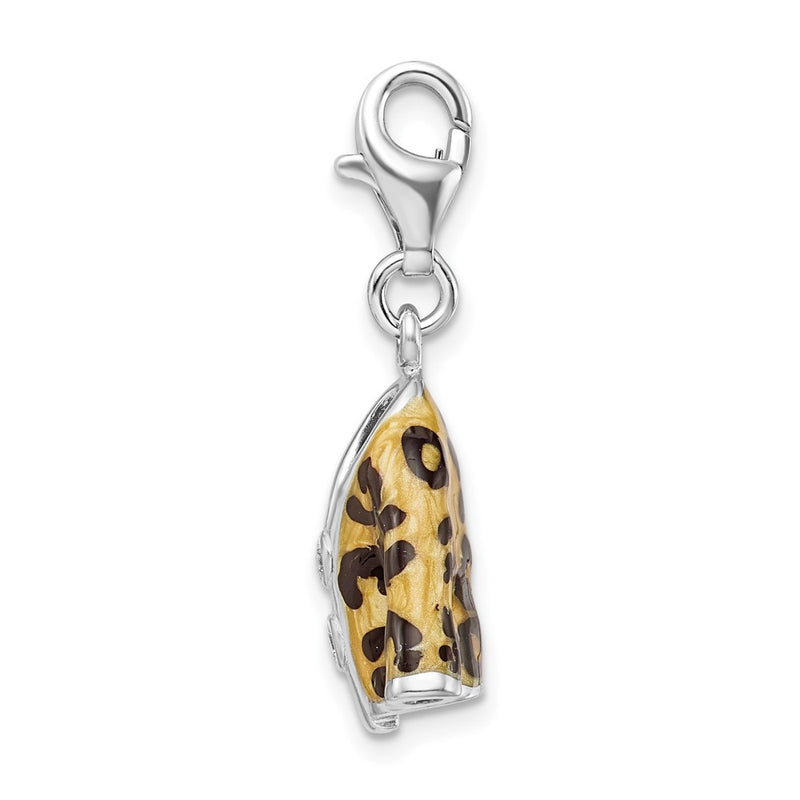 Sterling Silver Amore La Vita Rhodium-Plated Polished 3-D Cz Enameled Leopard Jacket Charm With Fancy Lobster Clasp