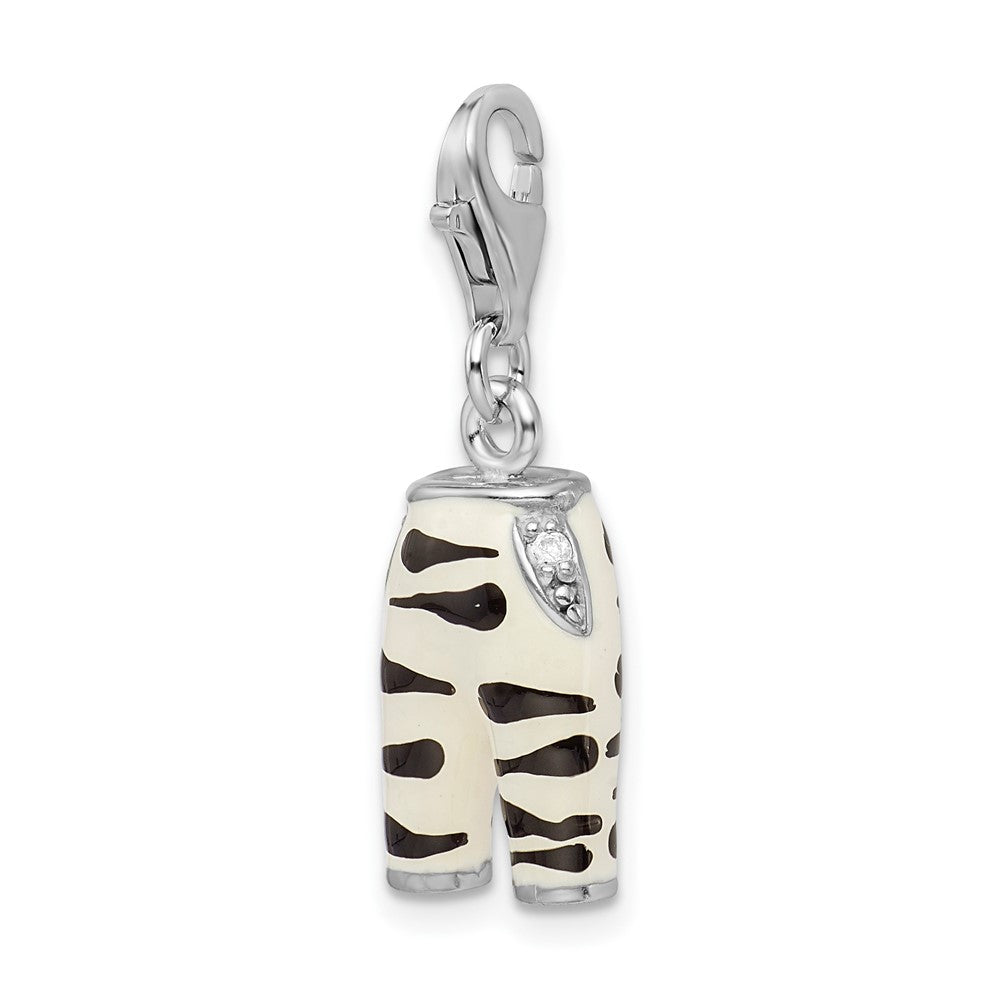 Sterling Silver Amore La Vita Rhodium-Plated Polished 3-D Cz Enameled Zebra Pants Charm With Fancy Lobster Clasp