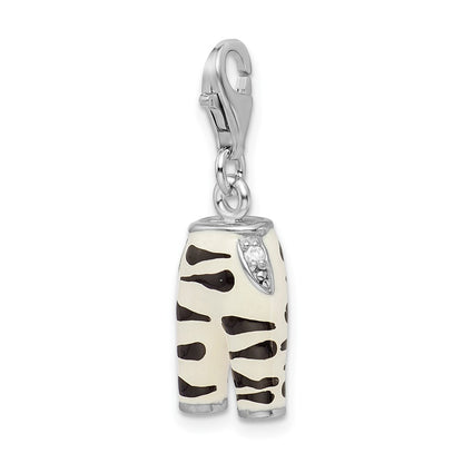 Sterling Silver Amore La Vita Rhodium-Plated Polished 3-D Cz Enameled Zebra Pants Charm With Fancy Lobster Clasp