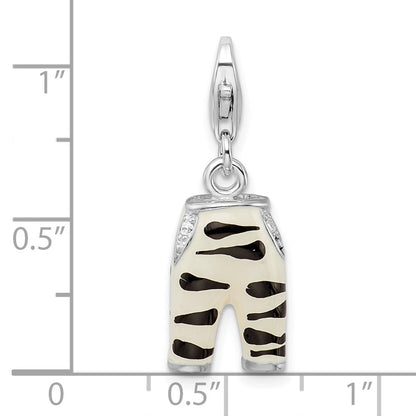 Sterling Silver Amore La Vita Rhodium-Plated Polished 3-D Cz Enameled Zebra Pants Charm With Fancy Lobster Clasp