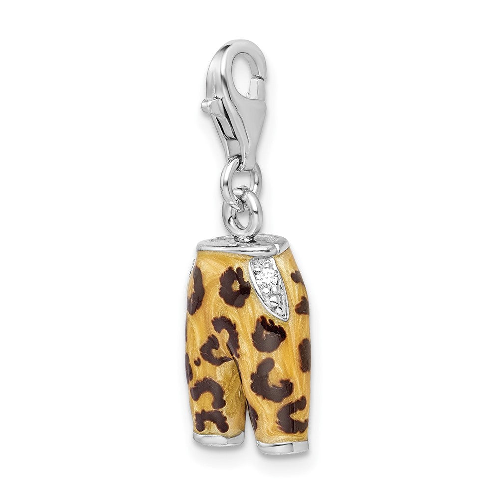 Sterling Silver Amore La Vita Rhodium-Plated Polished 3-D Cz Enameled Leopard Pants Charm With Fancy Lobster Clasp
