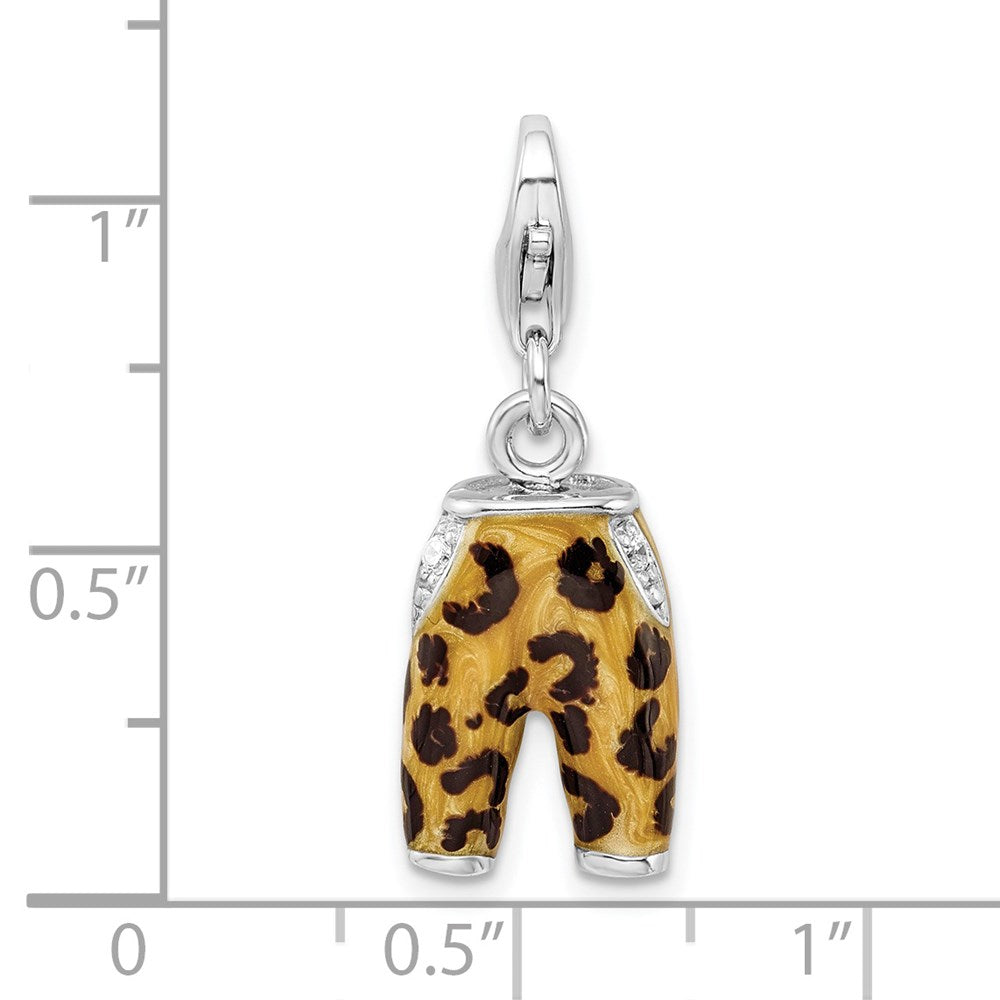 Sterling Silver Amore La Vita Rhodium-Plated Polished 3-D Cz Enameled Leopard Pants Charm With Fancy Lobster Clasp