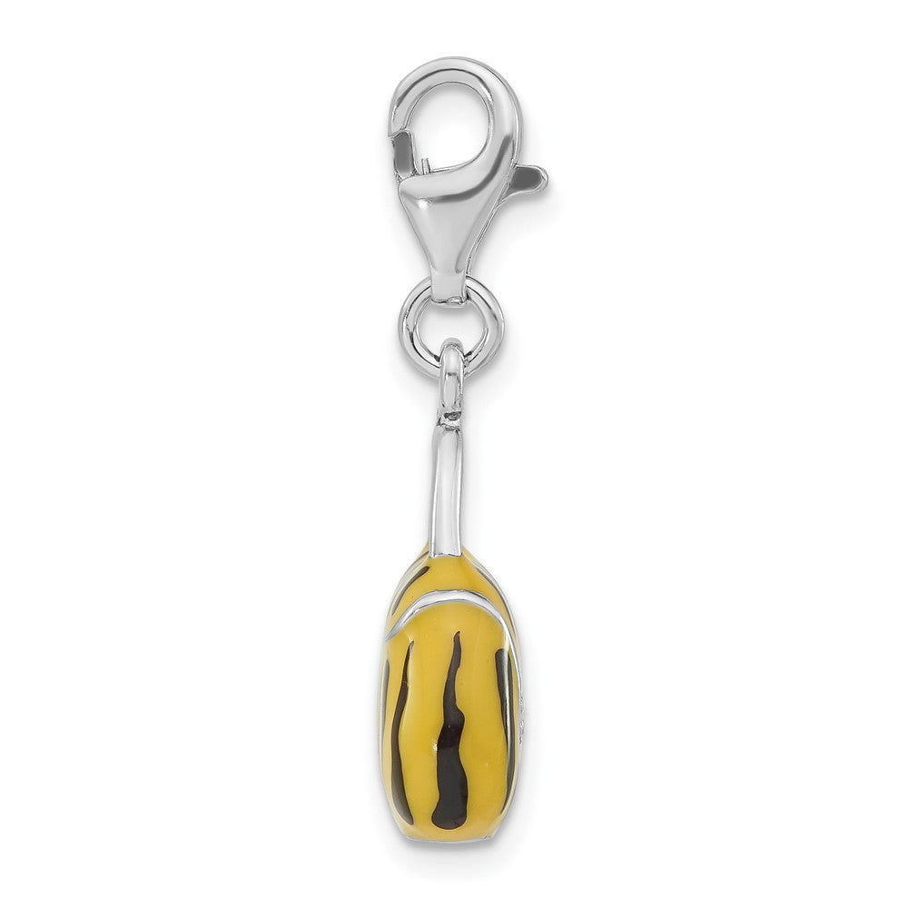 Sterling Silver 3-D Polished Cz Yellow/Black Enamel Tiger Purse W/ Lobster Clasp Charm