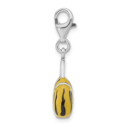 Sterling Silver 3-D Polished Cz Yellow/Black Enamel Tiger Purse W/ Lobster Clasp Charm