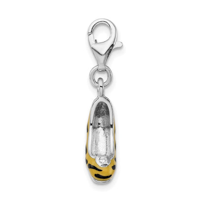Sterling Silver Amore La Vita Rhodium-Plated Polished 3-D Cz Enameled Tiger High Heel Charm With Fancy Lobster Clasp