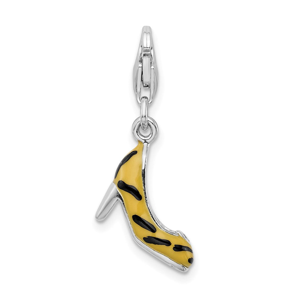 Sterling Silver Amore La Vita Rhodium-Plated Polished 3-D Cz Enameled Tiger High Heel Charm With Fancy Lobster Clasp