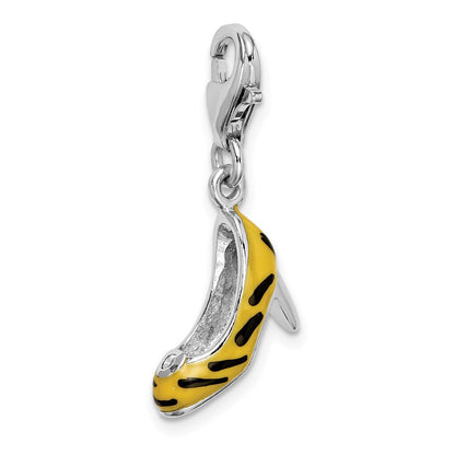 Sterling Silver Amore La Vita Rhodium-Plated Polished 3-D Cz Enameled Tiger High Heel Charm With Fancy Lobster Clasp