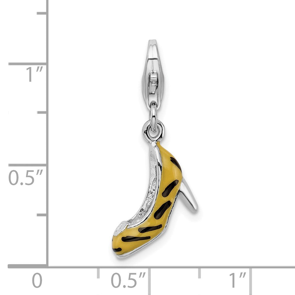 Sterling Silver Amore La Vita Rhodium-Plated Polished 3-D Cz Enameled Tiger High Heel Charm With Fancy Lobster Clasp