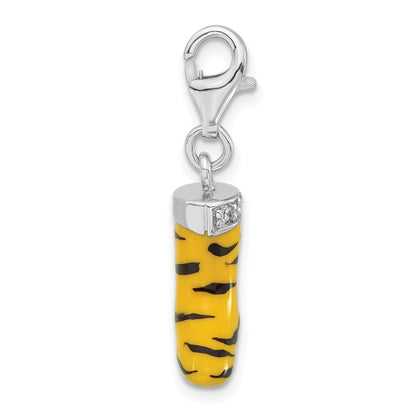 Sterling Silver 3-D Polished Cz Yellow/Black Enamel Tiger High Heel Boot W/ Lobster Clasp Charm