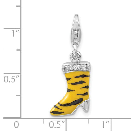 Sterling Silver 3-D Polished Cz Yellow/Black Enamel Tiger High Heel Boot W/ Lobster Clasp Charm