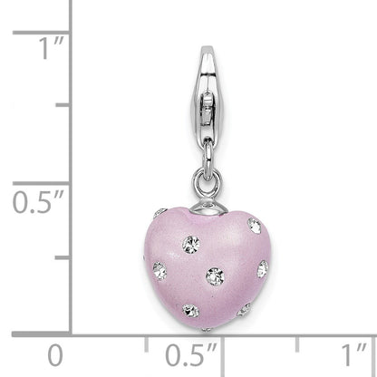 Sterling Silver Amore La Vita Rhodium-Plated Polished 3-D Purple Ferido Stellux Crystal Heart Charm With Fancy Lobster Clasp