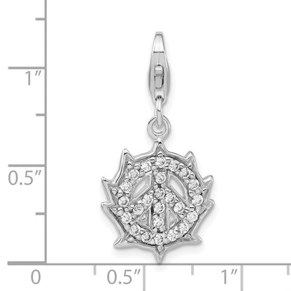 Sterling Silver Polished Cz Peace Sign W/ Lobster Clasp Charm