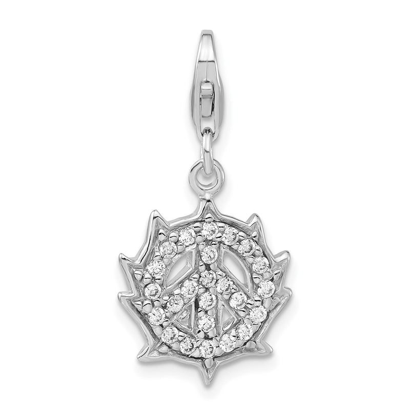 Sterling Silver Polished Cz Peace Sign W/ Lobster Clasp Charm