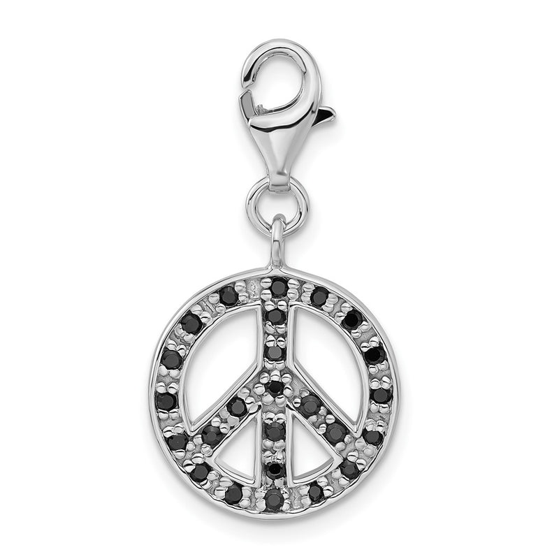 Sterling Silver Polished Black Cz Peace Sign W/ Lobster Clasp Charm