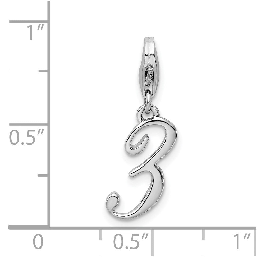 Sterling Silver Amore La Vita Rhodium-Plated Polished Number 3 Charm With Fancy Lobster Clasp