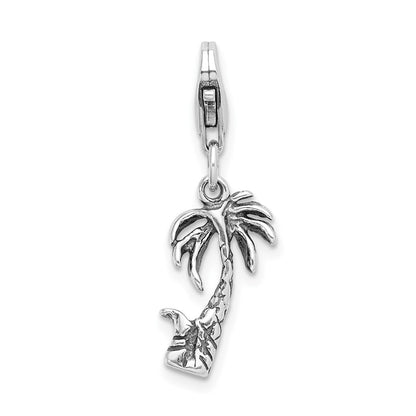Sterling Silver Amore La Vita Rhodium-Plated Polished 3-D Antiqued Palm Tree Charm With Fancy Lobster Clasp