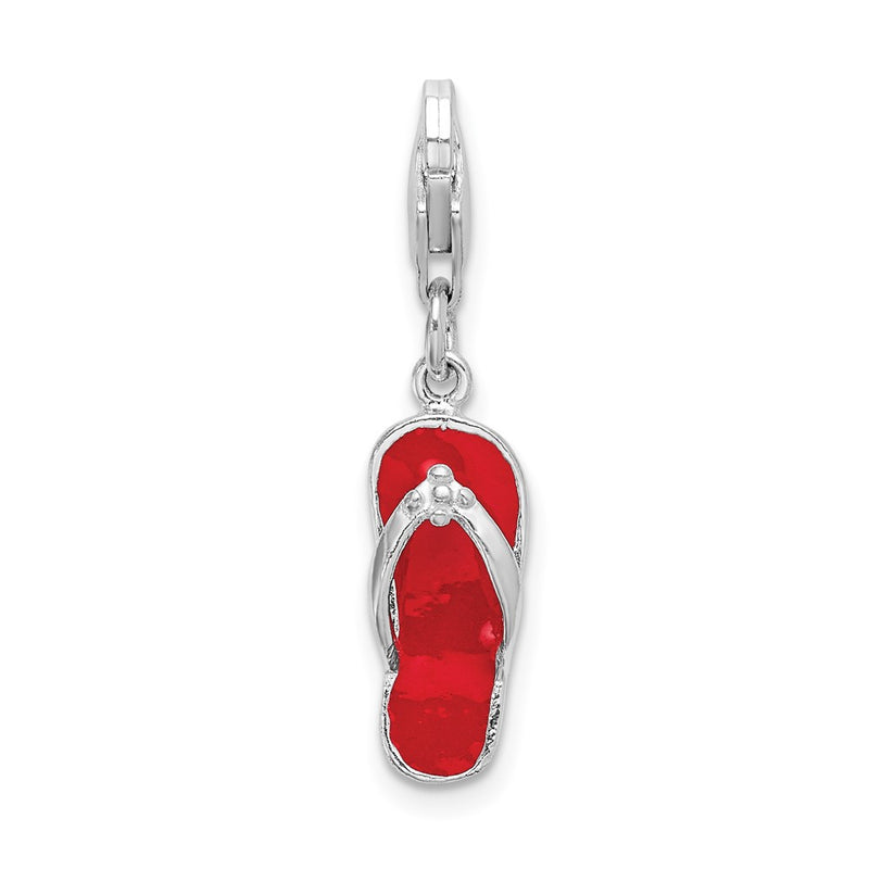 Sterling Silver Amore La Vita Rhodium-Plated Polished 3-D Red Enameled Sandal Charm With Fancy Lobster Clasp