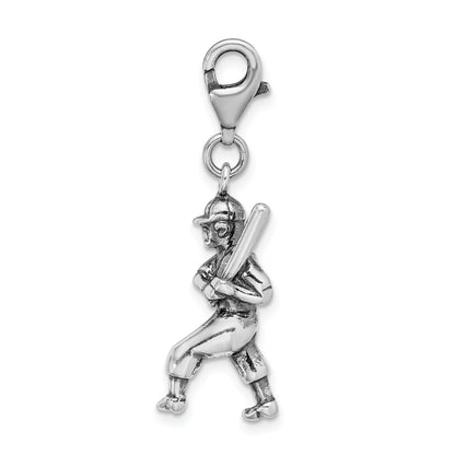 Sterling Silver Amore La Vita Rhodium-Plated Polished 3-D Antiqued Baseball Player Charm With Fancy Lobster Clasp