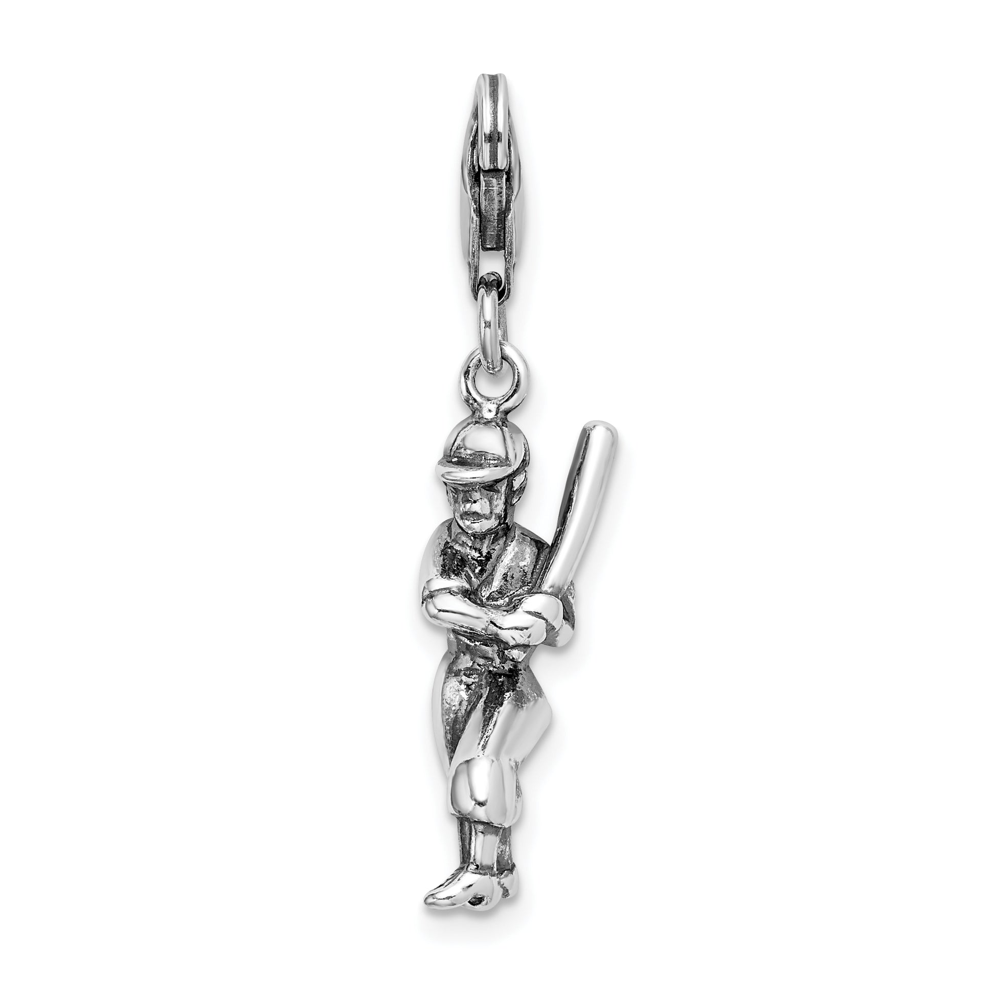 Sterling Silver Amore La Vita Rhodium-Plated Polished 3-D Antiqued Baseball Player Charm With Fancy Lobster Clasp