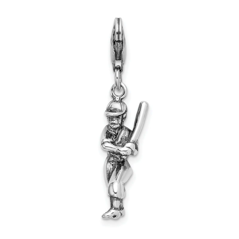 Sterling Silver Amore La Vita Rhodium-Plated Polished 3-D Antiqued Baseball Player Charm With Fancy Lobster Clasp