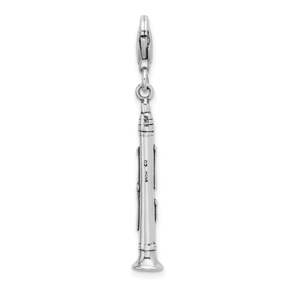 Sterling Silver Amore La Vita Rhodium-Plated Polished 3-D Antiqued Clarinet Charm With Fancy Lobster Clasp