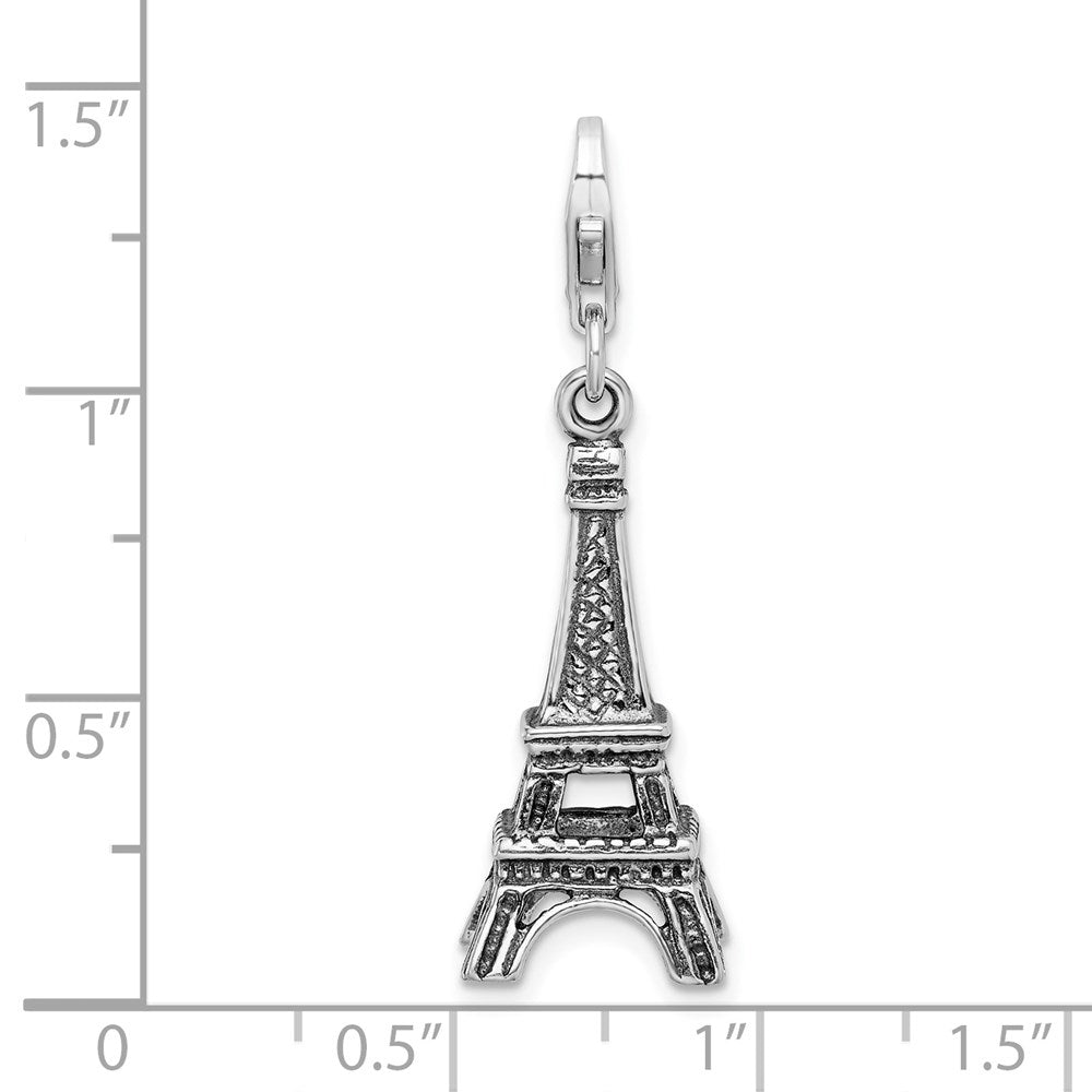 Sterling Silver Amore La Vita Rhodium-Plated Polished 3-D Antiqued Eiffel Tower Charm With Fancy Lobster Clasp