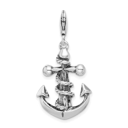Sterling Silver Amore La Vita Rhodium-Plated Polished 3-D Antiqued Anchor And Rope Charm With Fancy Lobster Clasp